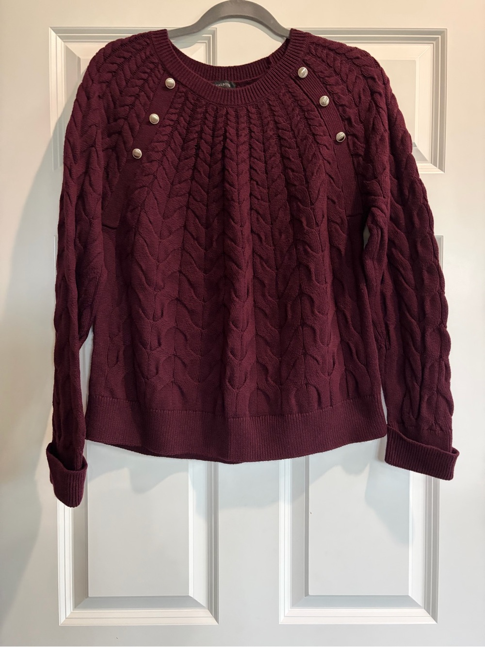 Talbots Cable-Knit Crew Sweater with Shoulder Buttons - Burgundy